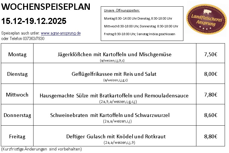 Speiseplan ab 15 12 25