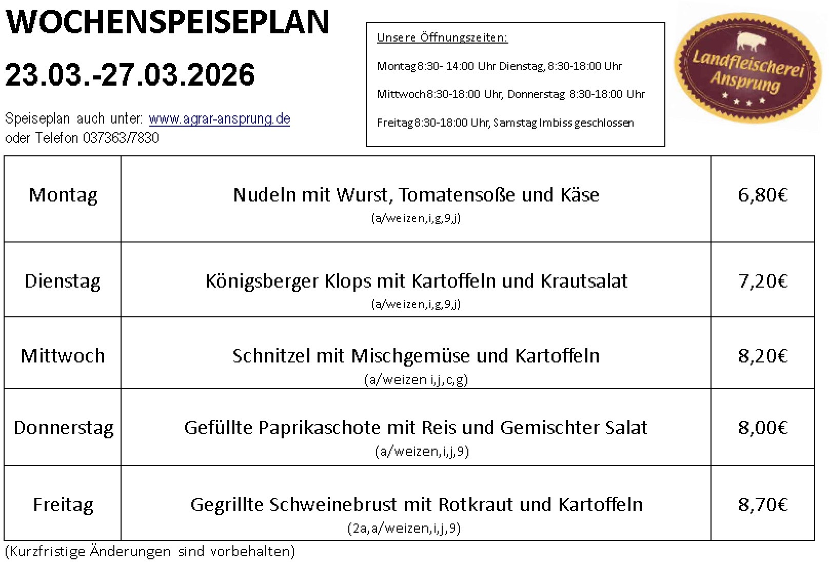Speiseplan ab 23 03 26